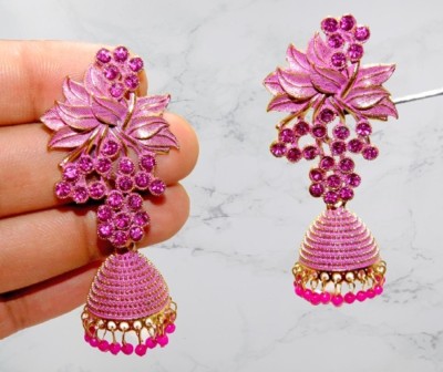 Raksha wedding jhumka earrings for women pink color fancy stone jhumka party wear Pearl Alloy Jhumki Earring, Drops & Danglers