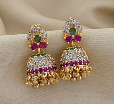 PBM CREATIONS GOLD PLATED AD STONE WEDDING JHUMKI / HOOPS / PEARL STUD / KOREAN EARRING Copper Drops & Danglers, Jhumki Earring