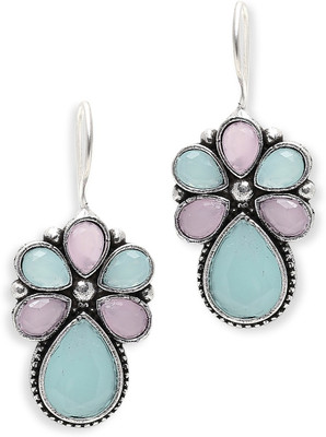 fabula Pink & Mint Green Silver Oxidised Ethnic Drop Earrings Beads, Crystal Alloy Drops & Danglers