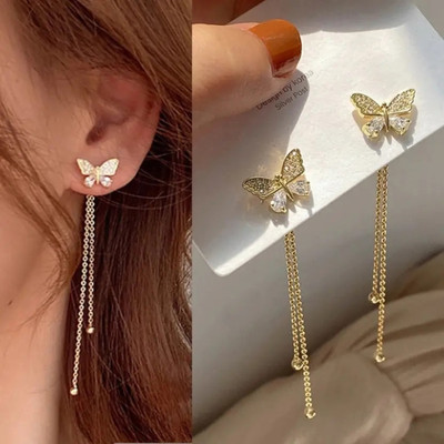 Shobha Devi Delicate Gold Color Butterfly Zircon Tassel Earrings Fashion Women Alloy Alloy Stud Earring, Earring Set, Hoop Earring, Cuff Earring