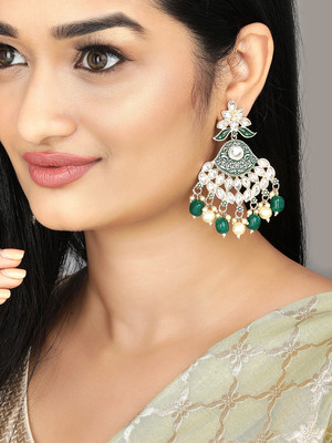 RUBANS Rubans 22K Gold-Plated Green & White Pearl Kundan & Beaded Chandelier Earrings Brass Chandbali Earring