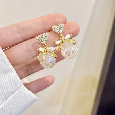 JDENTERPRISES Korean Studded Bow Heart Big Pearl Drop Earrings For Women/Girls Pearl Alloy Stud Earring
