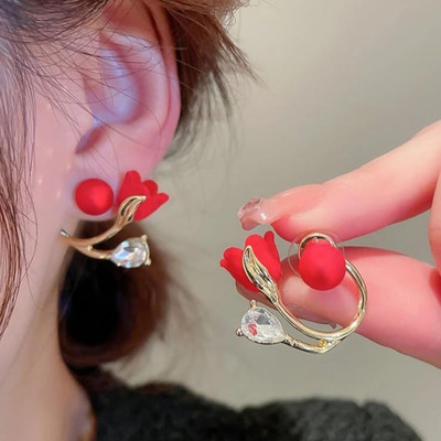 RV YUWON Western Gold plated Red flower stud earring Cubic Zirconia Alloy Stud Earring