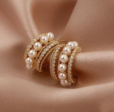 Tiso Korean Classic Hoop Gold Stone Pearl Earrings For Women Accessories for Girls Alloy, Brass, Stone Drops & Danglers, Earring Set, Hoop Earring, Rhinestone Studs, Stud Earring