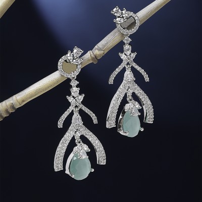 ZENEME Sea Green American Diamond studded Teardrop & Quirky Shaped Drop Earrings Cubic Zirconia Brass Drops & Danglers