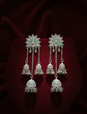 desi drapes Peacock Design Silver-Plated Long Chain Jhumka Earrings Oxidized Peacock Jhumkis Cubic Zirconia Alloy Jhumki Earring