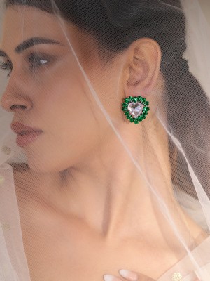 RUBANS Rubans Rhodium-Plated Heart Stud Earrings with Emerald Accents Crystal Brass Stud Earring