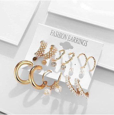 Dressberry Combo 9 Pair Stunning Gold Plated Pearl Pearl Alloy Hoop Earring