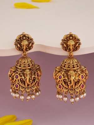 Kushal's Fashion Jewellery Ruby Gold-Plated Ethnic Antique Jhumki Zircon Copper Jhumki Earring