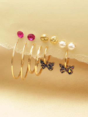 Priyaasi Statement Elegance 6 Pair of Gold Plated Combo Stud and Hoops Earrings Brass Hoop Earring