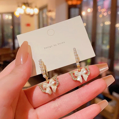 MAHADEV CREATION Korean Retro Bow Pearl Earrings Crystal Alloy Stud Earring