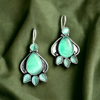 Gulabo Sterling Silver Green Stone Earrings - Enchanting Turquoise and Zirconia Accents Beads Brass Drops & Danglers
