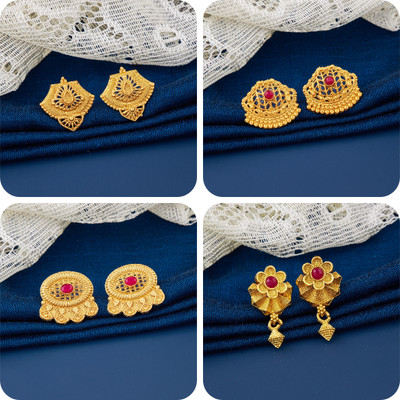 LaChoiceIt Pack of 4 Pair Traditional Gold Pleted Earring Collection Brass Earring Set