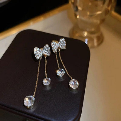 TheVineGirl Korean Studded Bow Shiny Tassels Drop Earrings For Women/Girls Cubic Zirconia Alloy Drops & Danglers