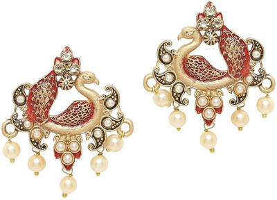 fabula Red Meenakari Enamel Kundan Peacock Shape Large Beads, Crystal Alloy Stud Earring
