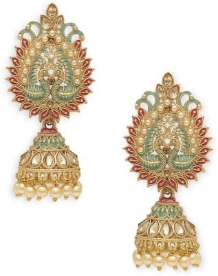 fabula Mint Green & Pink Meenakari Jhumka Earrings-Kundan in Peacock Design Beads, Crystal Alloy Jhumki Earring