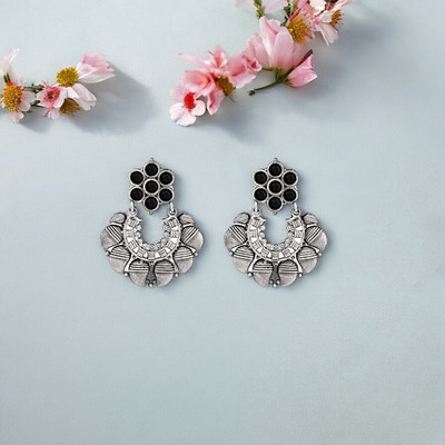 Sangria Silver Plated Tribal Style Black Stones Embedded Oxidized Earrings for Women Brass Stud Earring