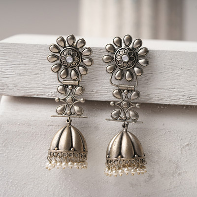 Sanseeta RajRatna- Silver Brass Oxidised Jhumka earrings Zircon Brass Jhumki Earring