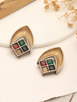 SARAF RS JEWELLERY Silver Plated AD Studded Orbital Pearl Minimal Studds Earrings Brass Stud Earring
