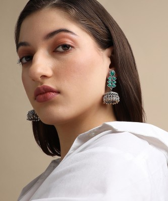 Sangria Oxidised Silver-Plated Green Stone-Studded Contemporary Jhumkas Earrings Alloy Drops & Danglers