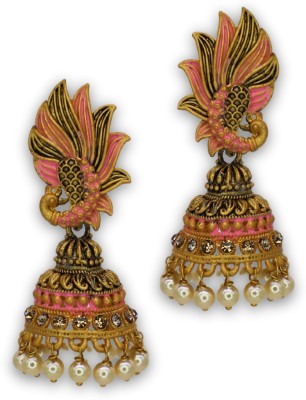 JWELLA Elegant Pink & Gold Handcrafted Bird Motif Jhumka Earrings Alloy Jhumki Earring