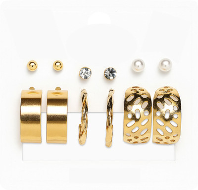 SSMAISON Rose 6 Pair Gold-Tone Earrings Combo | Korean Style Stud, Pearl & Hoop Earrings Pearl Alloy Earring Set
