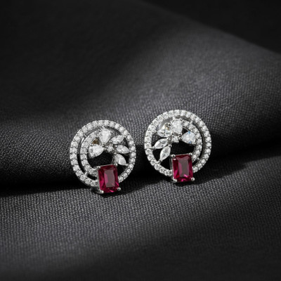 Zevoria Elegant Pink Stone & Crystal Stud Earrings for Women and Girls Cubic Zirconia Stainless Steel Earring Set
