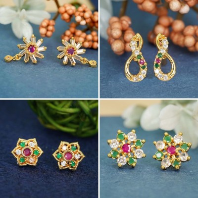 RAMDEV ART FASHION JEWELLERY Effortless Glam Diamond Combo of 4 with 22K Gold-Plated Studs Diamond Brass Earring Set