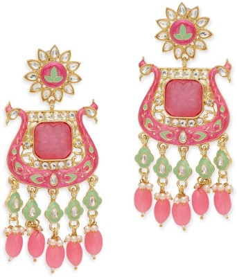 fabula Mint Green & Rani Pink Meenakari Drop Earrings with Jaipur Stones & Kundan Beads, Crystal Alloy Drops & Danglers