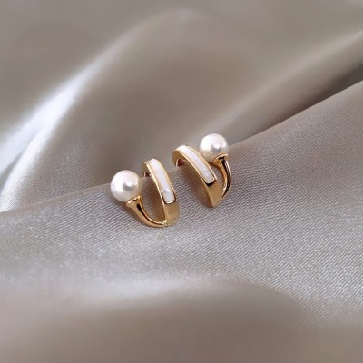 vien Trendy C Shaped Oil Drop Pearl Earrings For Teen Girls Minimalist Piercing Studs Pearl Stainless Steel Stud Earring, Hoop Earring, Drops & Danglers, Cuff Earring