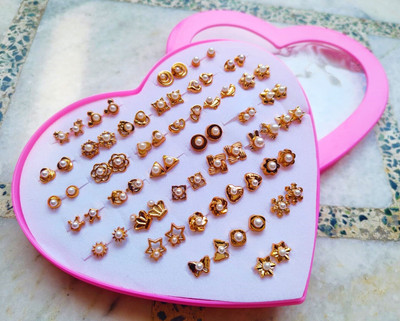 MEHAK CREATION 36 Pairs Golden plated Pearls Design Studs with Heart Box for Girls(1 Box) Plastic Stud Earring