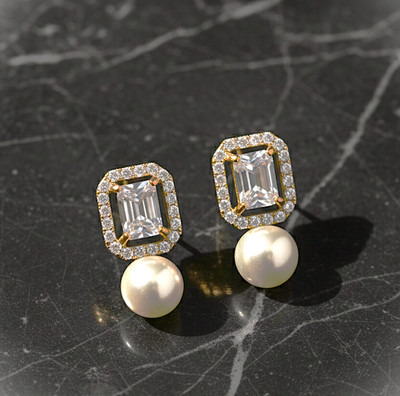 PRIDE STORE Emerald-Cut Crystal & Pearl Stud Earrings – Gold-Plated Earing for Girls & Women Pearl Alloy Stud Earring