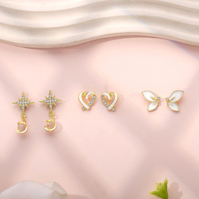 estailo fashion Butterfly Heart Star Drop Pearl Earrings Set of 3 for Womens Cubic Zirconia Alloy Earring Set