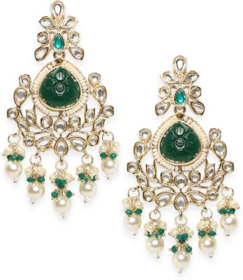 Oomph Green Engraved Jaipur Stones & Kundan Ethnic Drop EarringsFloral Design Beads, Crystal Alloy Drops & Danglers