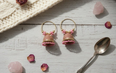 pas Unique pink golden Stone Jhumka Earrings for girls & women for party wear Cubic Zirconia, Beads, Pearl Alloy Rhinestone Studs, Hoop Earring, Earring Set