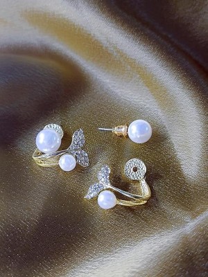 neze NZ 45 Whale Tail Pearl Stud Earrings + 1 box free of floating display frame box Alloy Cuff Earring