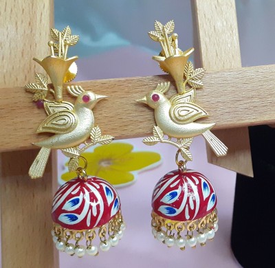 Mrigangi Ethnic Traditional Matte Gold Plated Hand painted Bird Jhumki/Jhumka Temple Earrings for Women and Girls Alloy Jhumki Earring