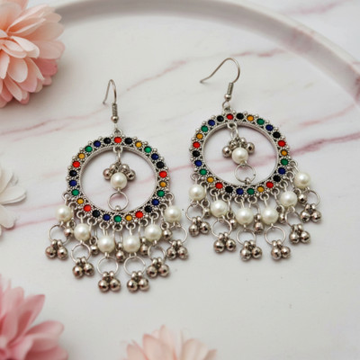Riddhis Collection Stylish Silver Plated Designer Chandbali Earrings with Pearls Alloy Stud Earring, Drops & Danglers, Hoop Earring