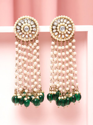RUBANS 18K Gold Kundan Pearl Green Drop Chandelier Earrings Brass Drops & Danglers
