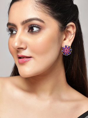 RUBANS Gold Toned Blue and Pink Stone Studs Crystal Alloy Stud Earring