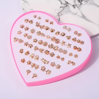 DIVINE 36 Pairs of Golden plated Mix Design Earring Stud Set 1 Heart Box for Girls. Plastic Stud Earring