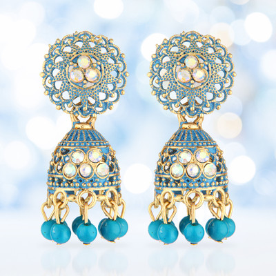 Golden Vine Antique Gold Oxidized Green Enamel Jhumka Earrings with Iridescent Crystals Metal Earring Set