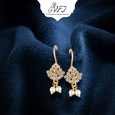VIGHNAHARTA Artificial CZ Stones and Pearls Press Bugadi Earrings for Women and Girls Pearl Alloy Earring Set