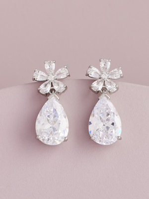 Kushal's Fashion Jewellery White Rhodium-Plated Party Trendy Zircon Drop Earrings Zircon Copper Drops & Danglers