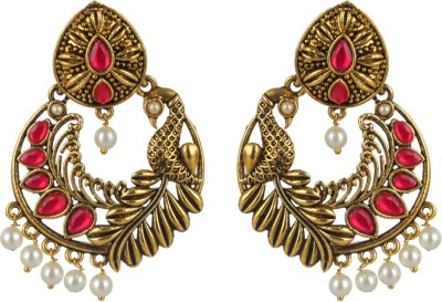 Priyaasi Pink Peacock Studded Pearl Drop Gold-Plated Earrings Brass Drops & Danglers