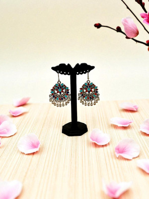 TANSUM COLLECTION Oxidized Silver Chandbali Earrings for Women & Girls, Diwali Floral Jhumka Style Alloy Drops & Danglers