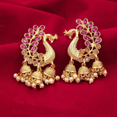 Gift Nest Traditional Gold Pearl Peacock Kundan Jhumkas Diamond, Pearl Alloy Jhumki Earring