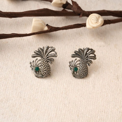 Sanseeta Ananasika- Silver Brass Stone Studded Stud Earrings(Black) Zircon Brass Stud Earring