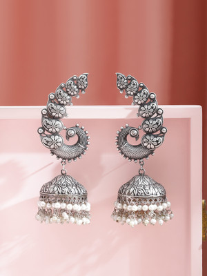 RUBANS Rhodium-Plated Oxidised Paisley Motif Oversized Earcuff Jhumka with Pearl Brass Jhumki Earring
