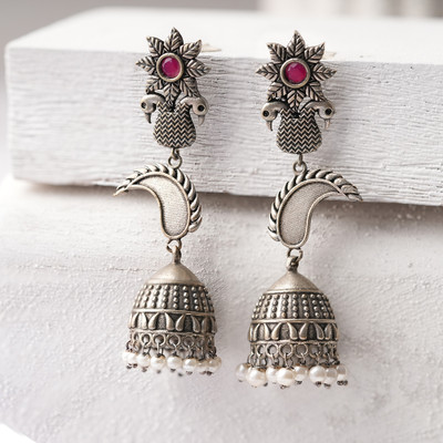Sanseeta MorPushp- Silver Brass Oxidised Jhumka earrings Zircon Brass Jhumki Earring